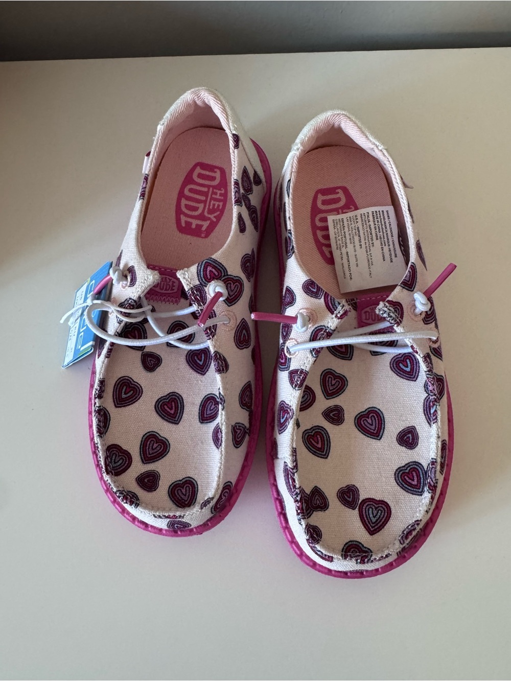 Kids Hey Dude Heart-Accent Canvas Sneakers in Pink and White